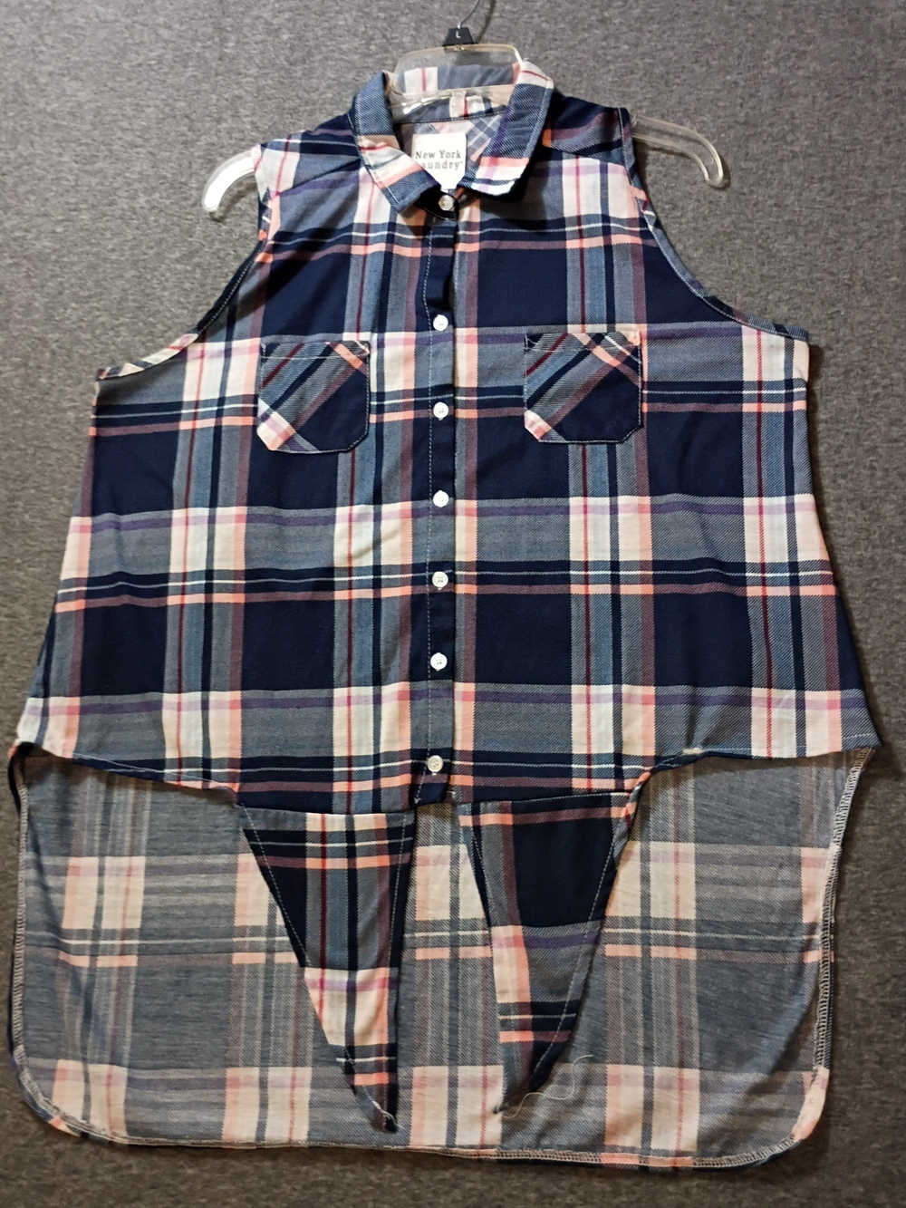 New York Laundry Navy, Pink and Cream Plaid Button Front Top